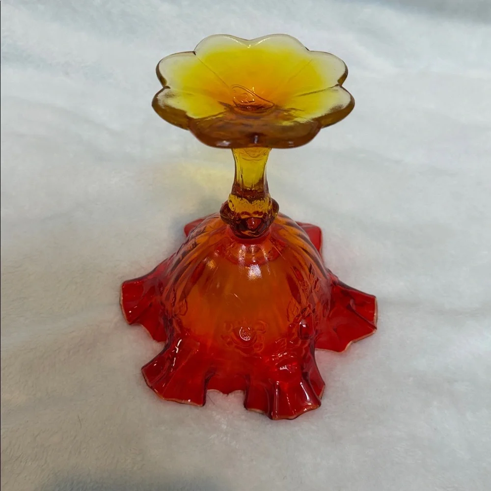 Fenton Ambèrina Ruffled Glass Thumbprint 6inch Pedestal Compote
